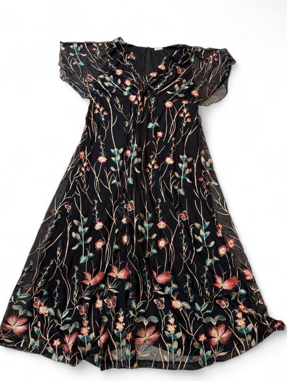 Kiyonna Black Floral Embroidered Dress with Colorful Blooms